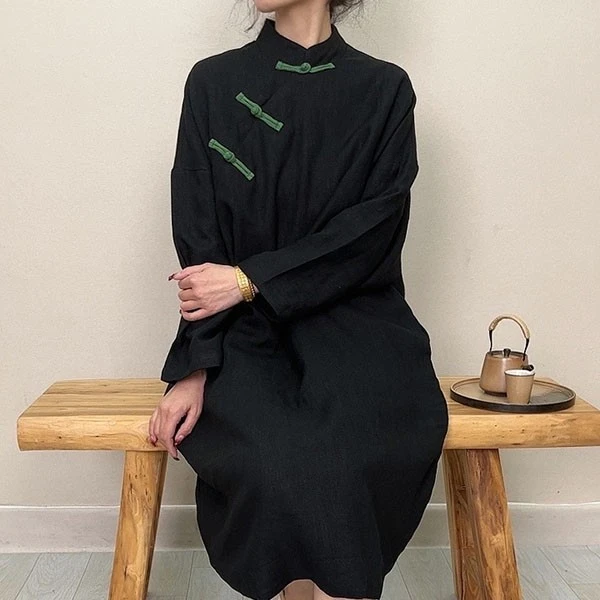 静家.复古砂洗亚麻中式手工撞色盘扣立领长款宽松双层 袍子