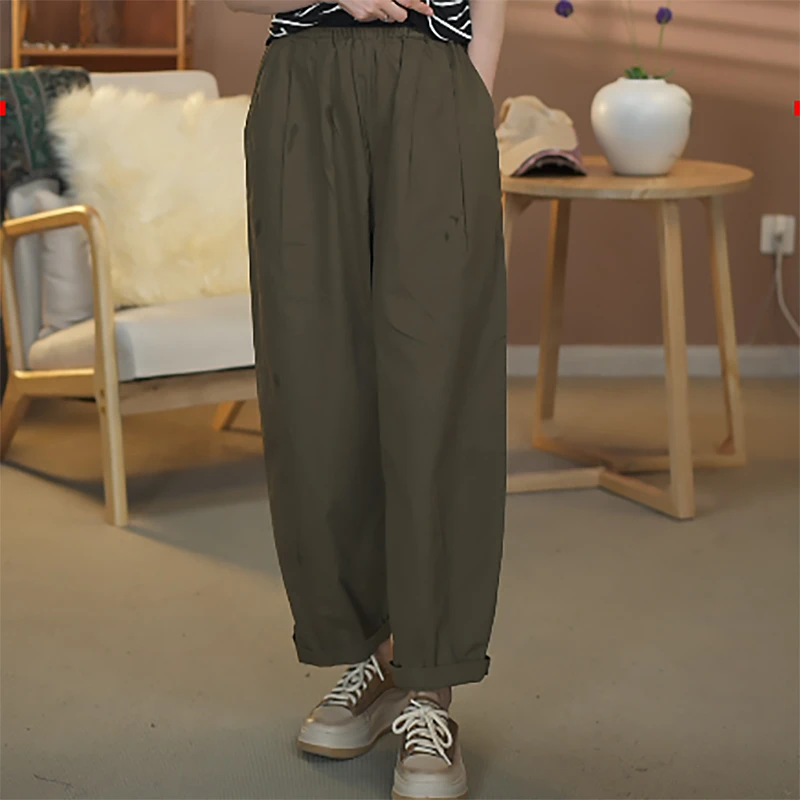 7790百搭休闲大码夏季复古薄款宽松纯色潮流水洗棉阔腿女裤休闲裤