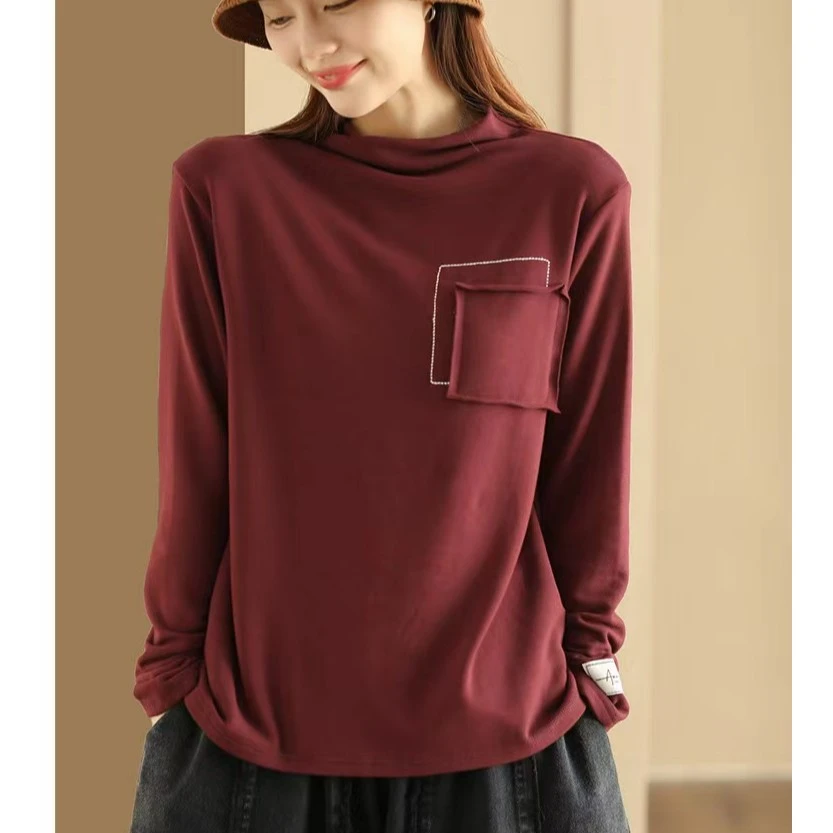 8011休闲长袖百搭加绒套头时尚纯色保暖半高领秋冬女士洋气打底衫