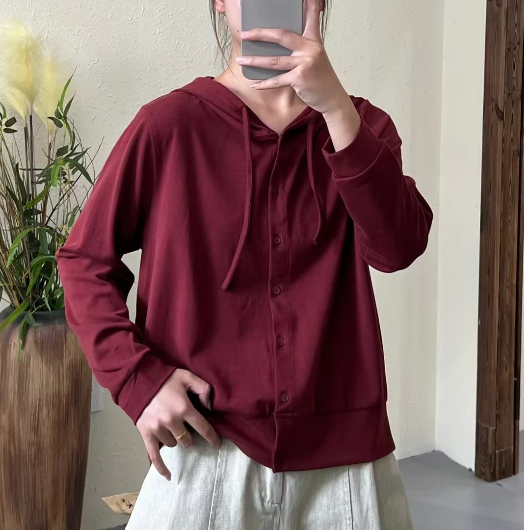 5706初秋大码长袖休闲百搭连帽宽松纯色开扣显瘦时尚简约秋季开衫