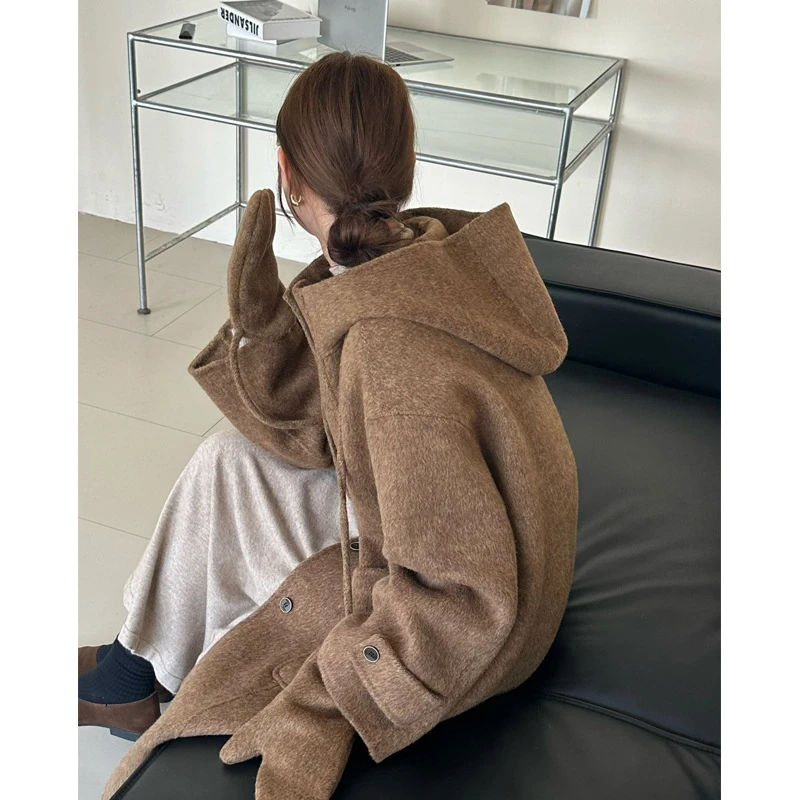 2025秋冬新款中长款连帽宽松双面羊毛大衣休闲附带痞帅出游服装女