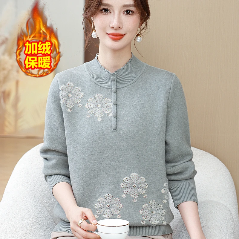 妈妈冬装加绒加厚毛衣一体绒宽松打底衫中老年女冬季洋气内搭上衣