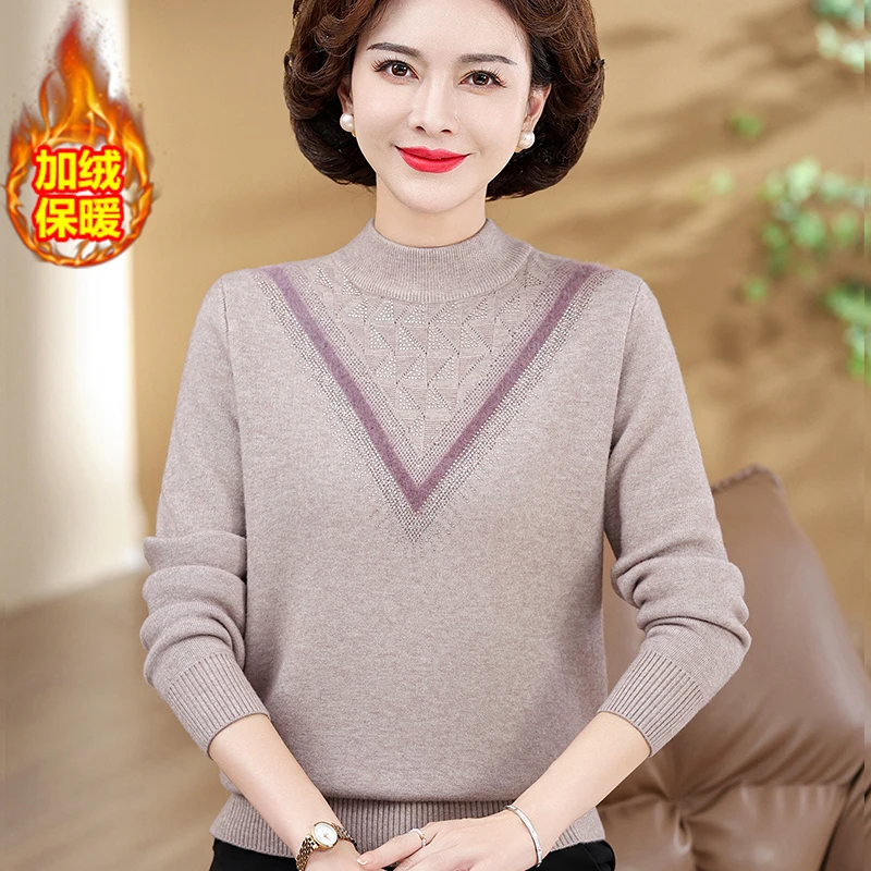 中老年人冬装打底衫加厚半高领中年妈妈装加绒保暖毛衣女大码衣服