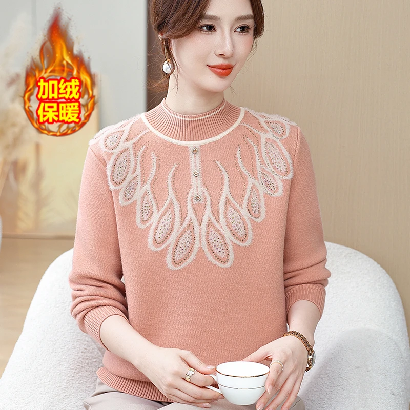 妈妈冬装加绒毛衣针织衫2024新款中老年女装半高领内搭打底衫上衣