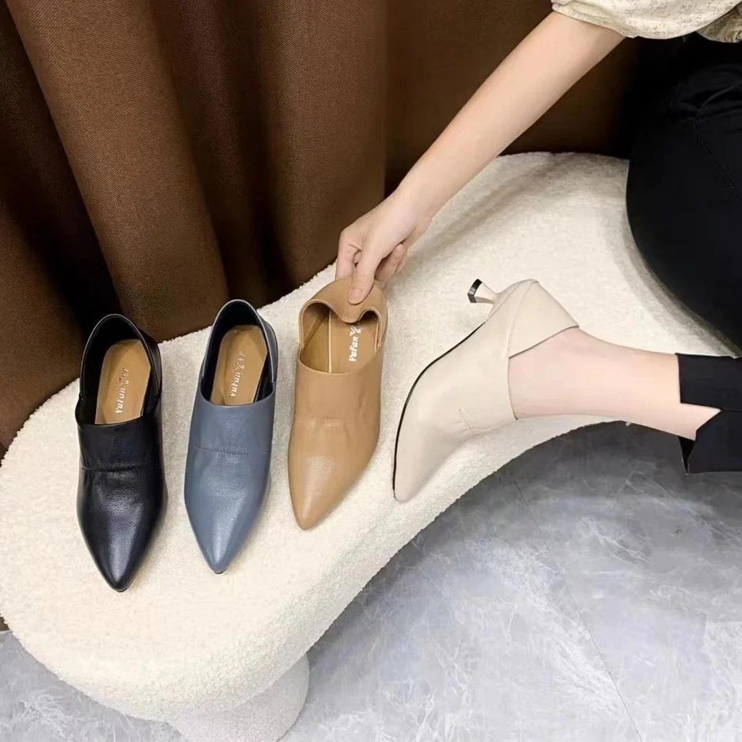 2025春季新款尖头细跟单鞋女高跟深口真皮女鞋春秋软皮通勤工作鞋
