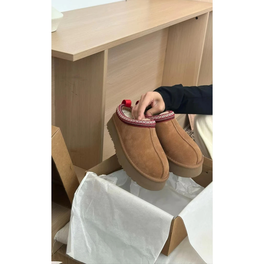 桑坡雪地靴皮毛一体民族风冬季百搭加绒百搭低帮栗色真皮加厚保暖