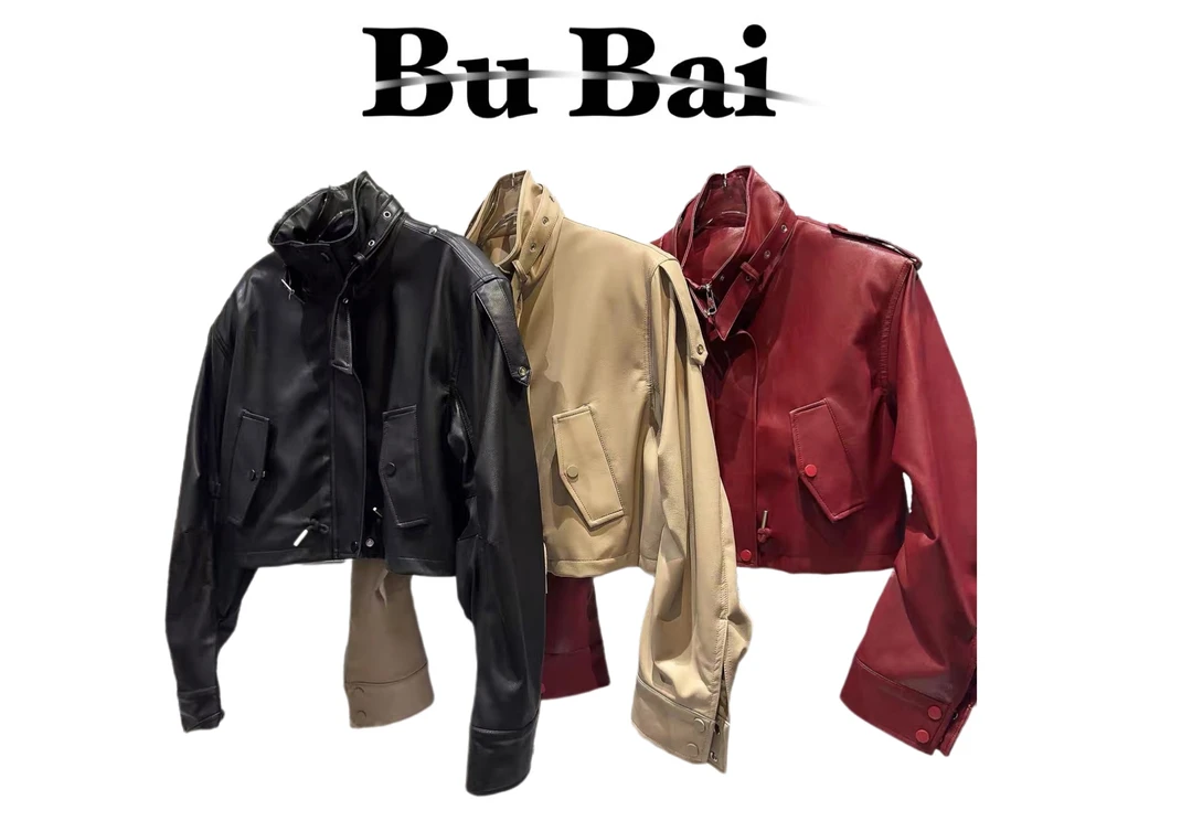 【不白家】炸街卡扣腰带领口街头机车辣妹PU皮衣夹克潮