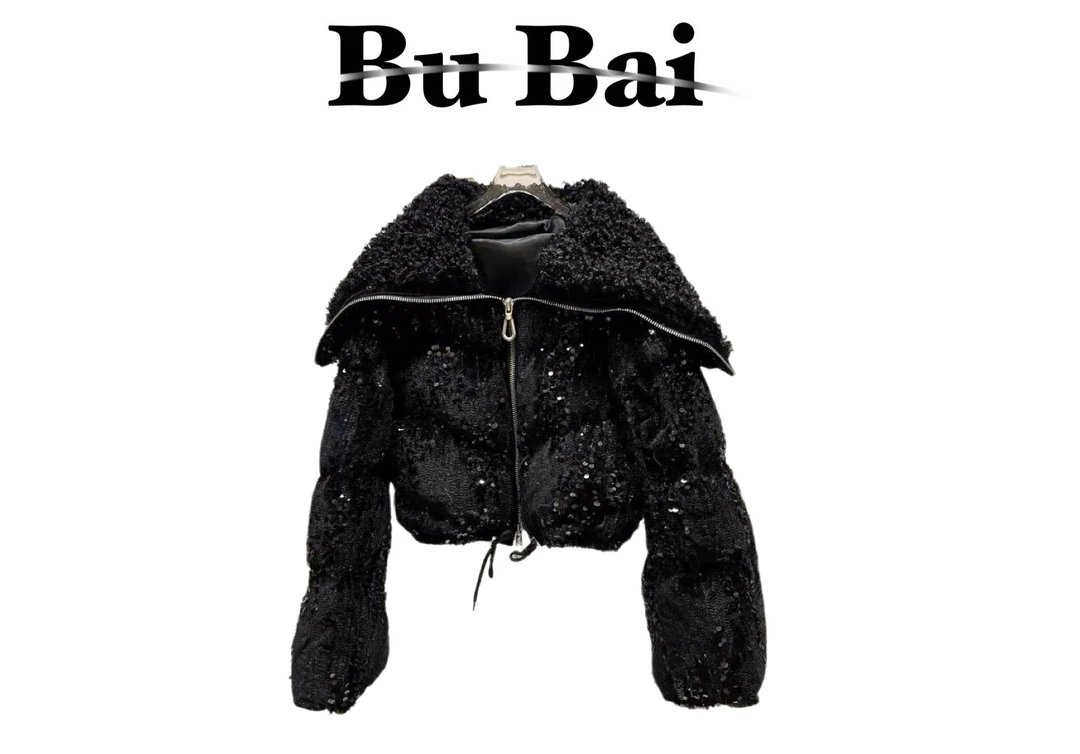 【不白家】网红款爆闪手抓绒海军领满身亮片丝绒短款棉服棉衣外套