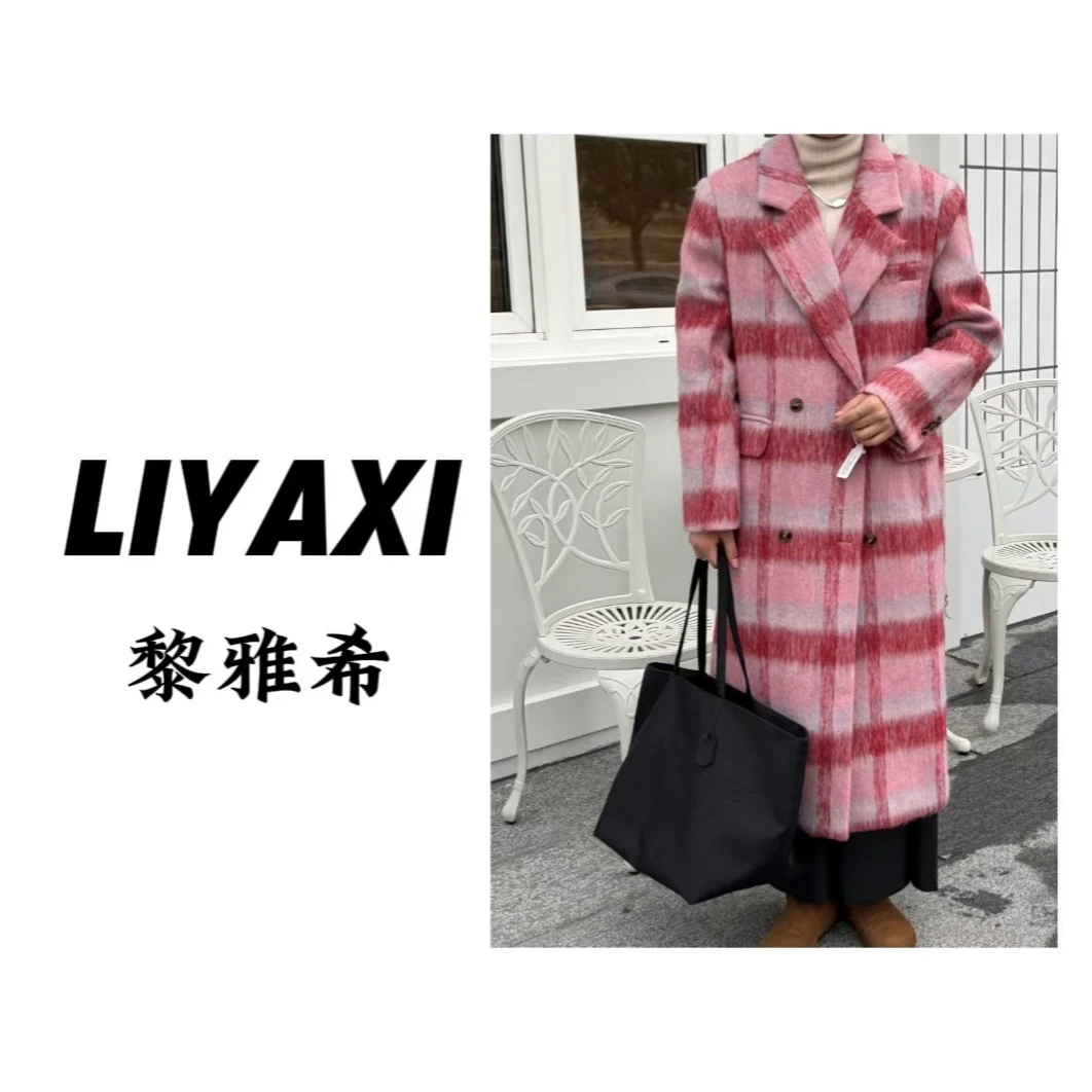 2024冬季新款加棉毛呢高端大气时尚百搭复古粉色格子长款外套#966