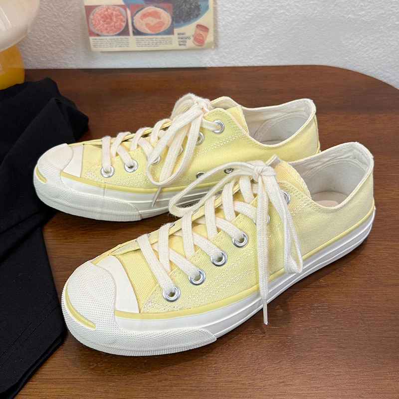 柠檬黄低帮时尚青春潮流百搭学院系带201港风休闲平底透气帆布鞋