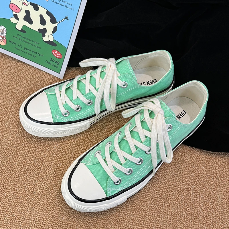 湖水绿低帮时尚青春潮流百搭学院款18系带新款休闲平底透气帆布鞋