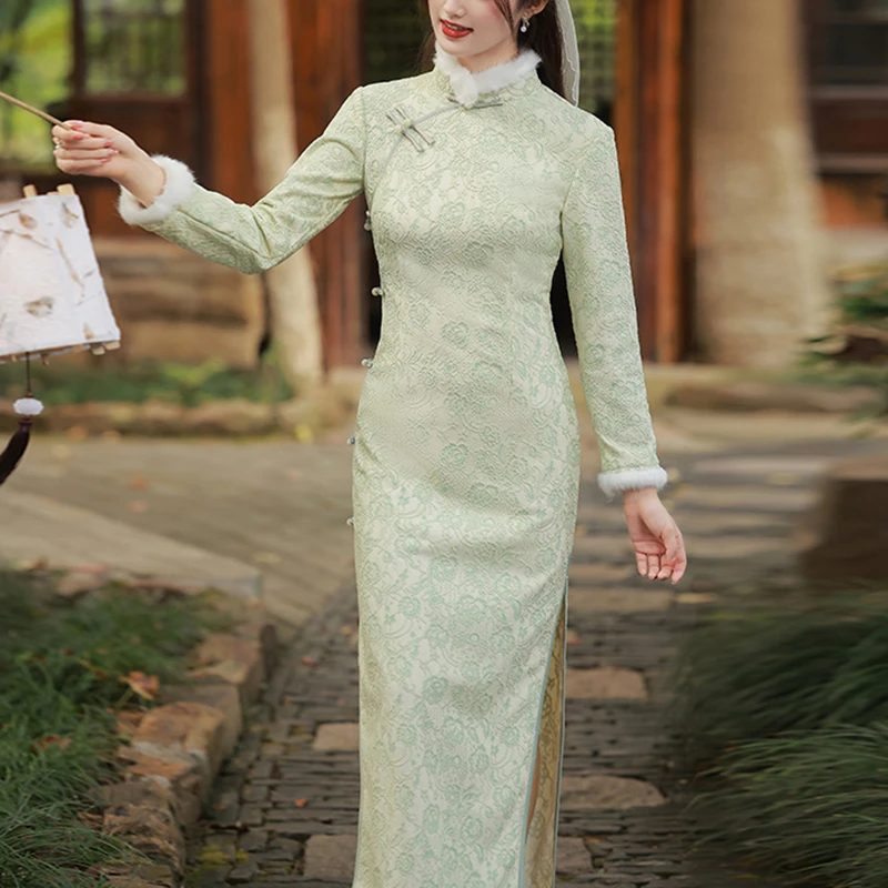 2025潮牌冬季改良连衣裙加绒加厚潮新款年轻款长袖高端旗袍女气质