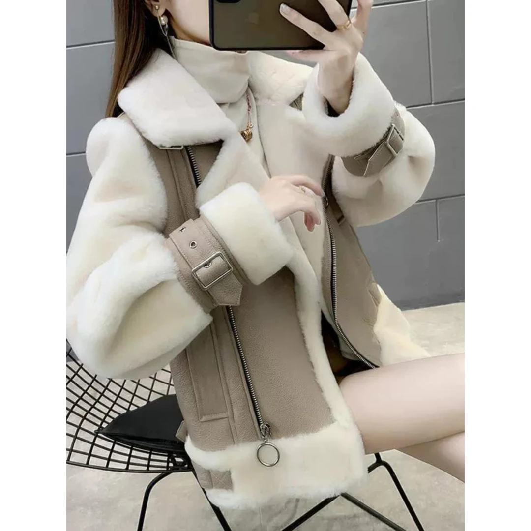 大码女装羊羔皮衣一体2025年春季新款胖妹妹短款加厚冬季棉袄外套