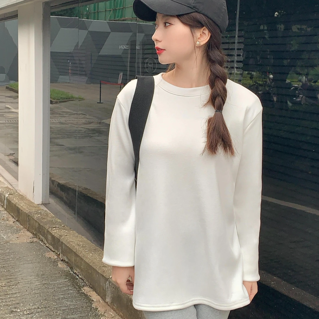 心蓝家 下身失踪baby绒加厚圆领内搭卫衣宽松显高廓形亲肤白色xs