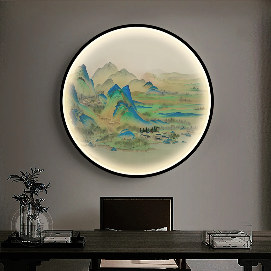 青绿山水丝绢灯屏玄关沙发背景茶室办公室透光画拼接尺寸金色黑色