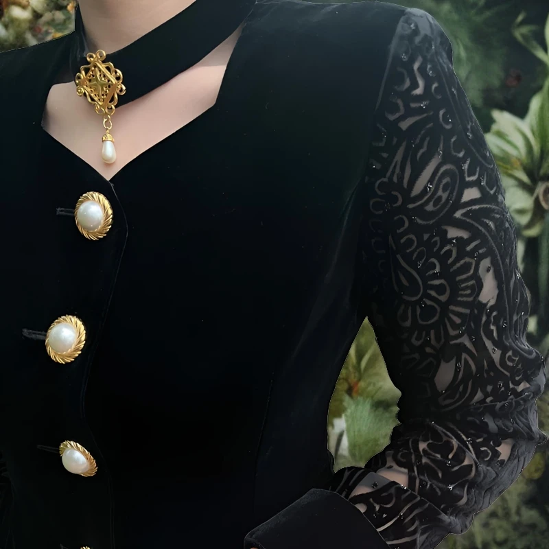 日系着复古套装气质显瘦优雅长袖秋冬俩件套ins金丝黑色修身蕾丝