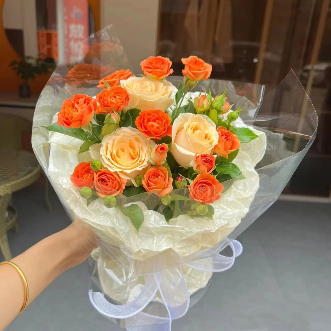 【怀瑾】3枝香槟玫瑰花束玫加橙色芭比花束混搭花束简约清新小花束鲜花鲜花小时达同城配送
