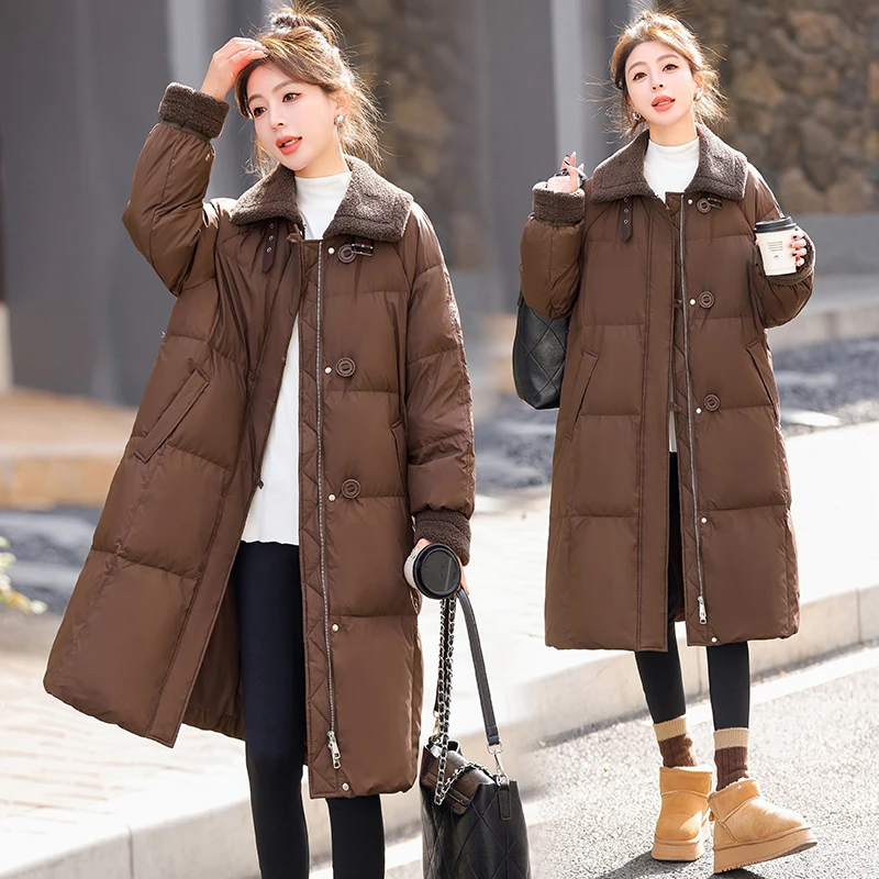 白鸭绒羽绒服女2023年新款高级感炸街大翻领加厚保暖长款过膝外套