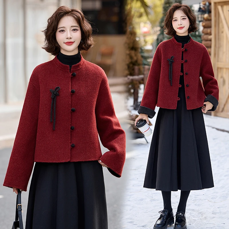 双面大衣女短款秋冬新款新中式国风撞色高级感小个子毛呢外套