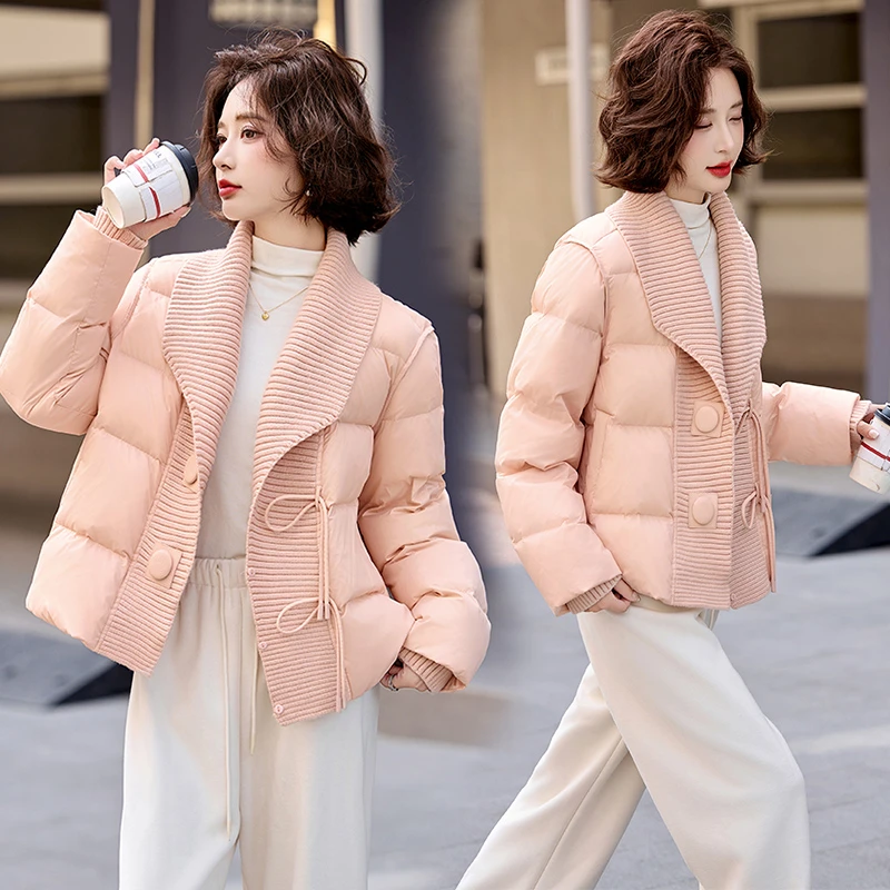 高级感针织拼接翻领羽绒服女2025冬季新款时尚90白鸭绒保暖外套潮