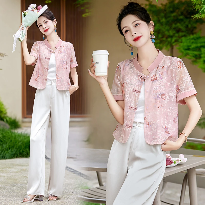 2024年夏季短袖女装防晒衣韩版修身刺绣时尚优雅气质短外套防晒服