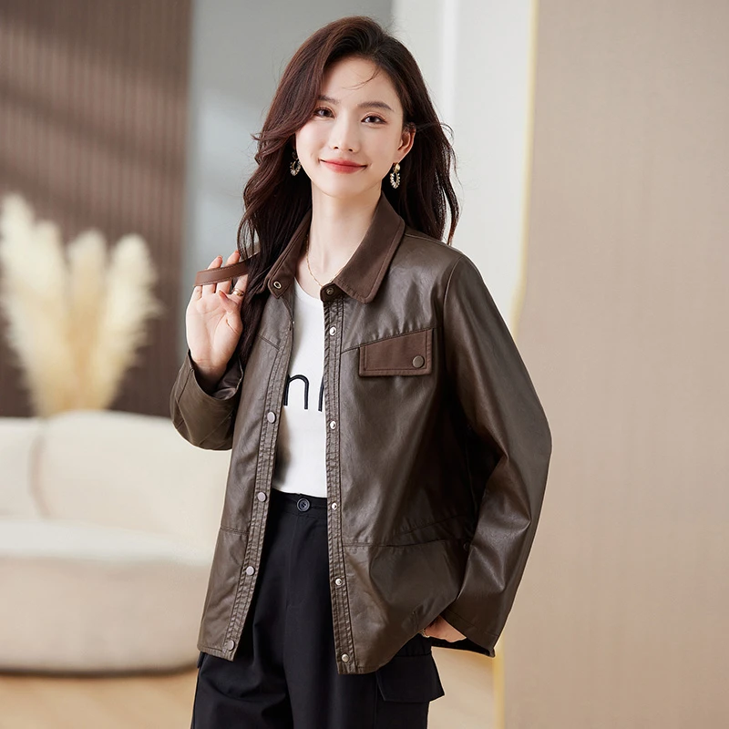 美式港风棕色PU皮衣外套女秋季新款复古设计感小个子短款机车夹克