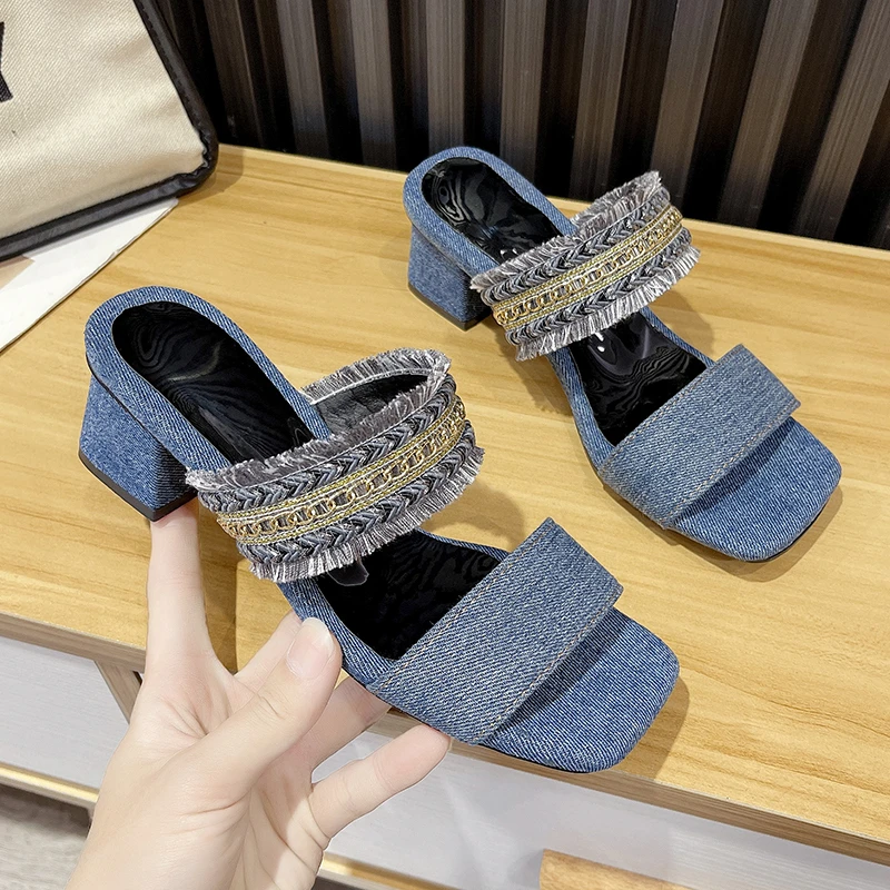 高跟拖鞋女夏外穿2024新款百搭方头一字带露趾粗跟凉拖大码41-43