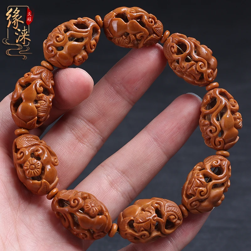 橄榄核手串男纯手工核雕镂空手链福禄万代大籽精品老油核南工文玩