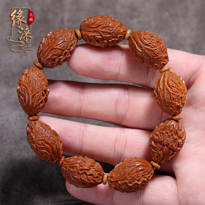 橄榄核手串 百财纳福文玩核雕手把件 手工雕刻白菜橄榄胡手链