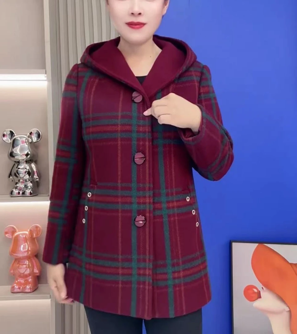 中老年格子连帽外套兜3扣设计舒适保暖妈妈装秋冬新款格子开衫