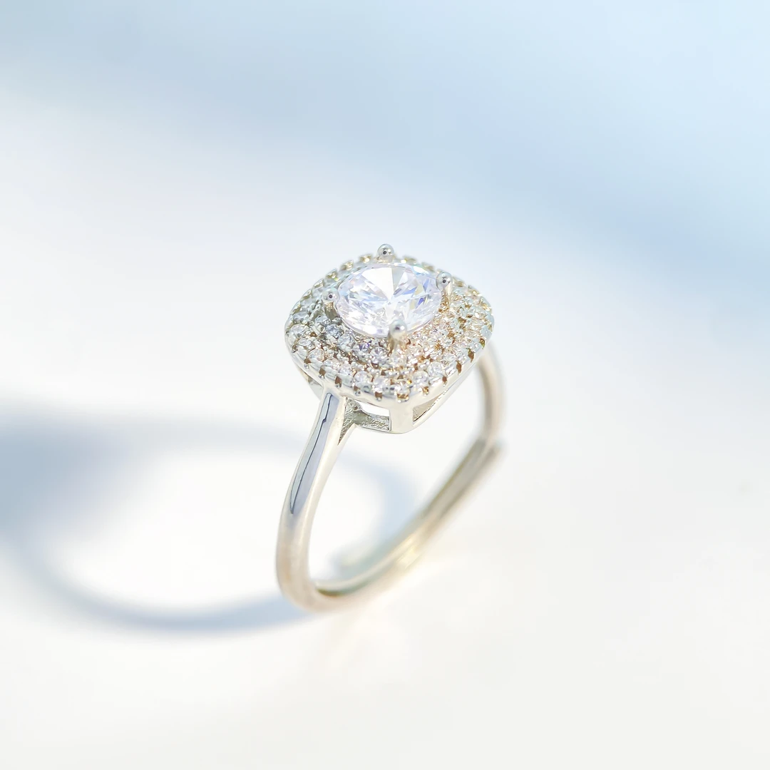 合金合成锆石戒指 （轻奢方）大码开口银色戒指