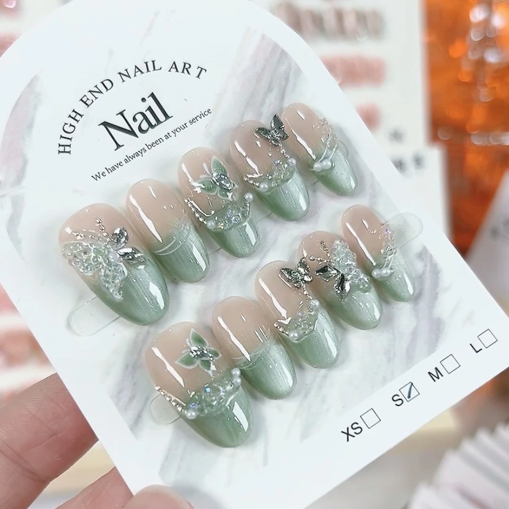 【青提蝴蝶】清冷风绿色猫眼纯手工穿戴甲美甲