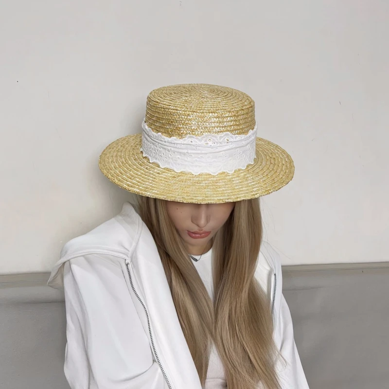 法式钩花棉布花边平顶麦秆草帽子女夏季海边度假沙滩遮阳平檐礼帽