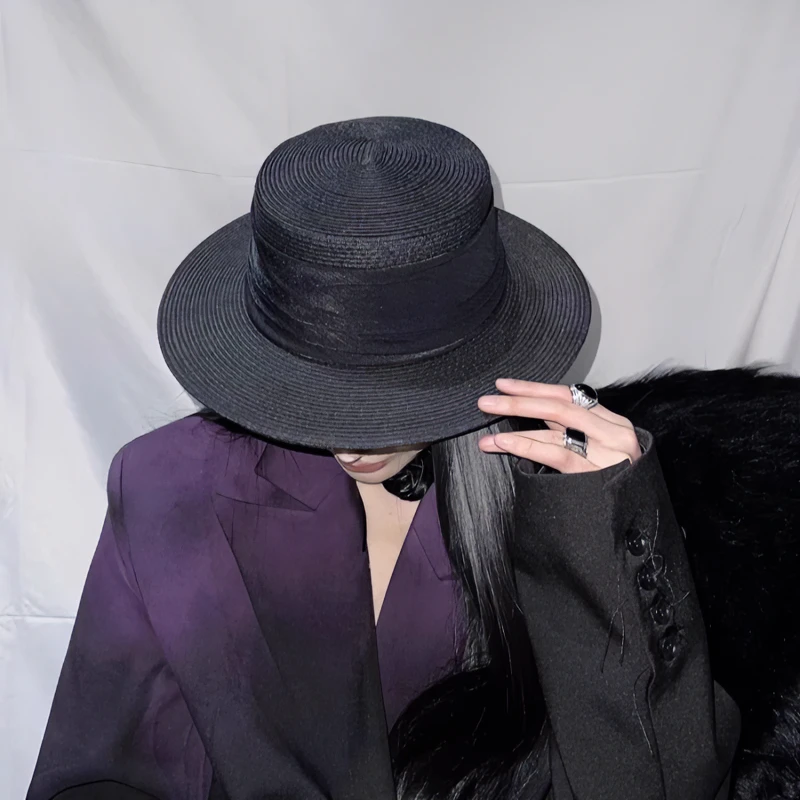 网红同款褶皱布太阳帽黑色夏季防晒遮阳帽时尚百搭平檐草编礼帽女