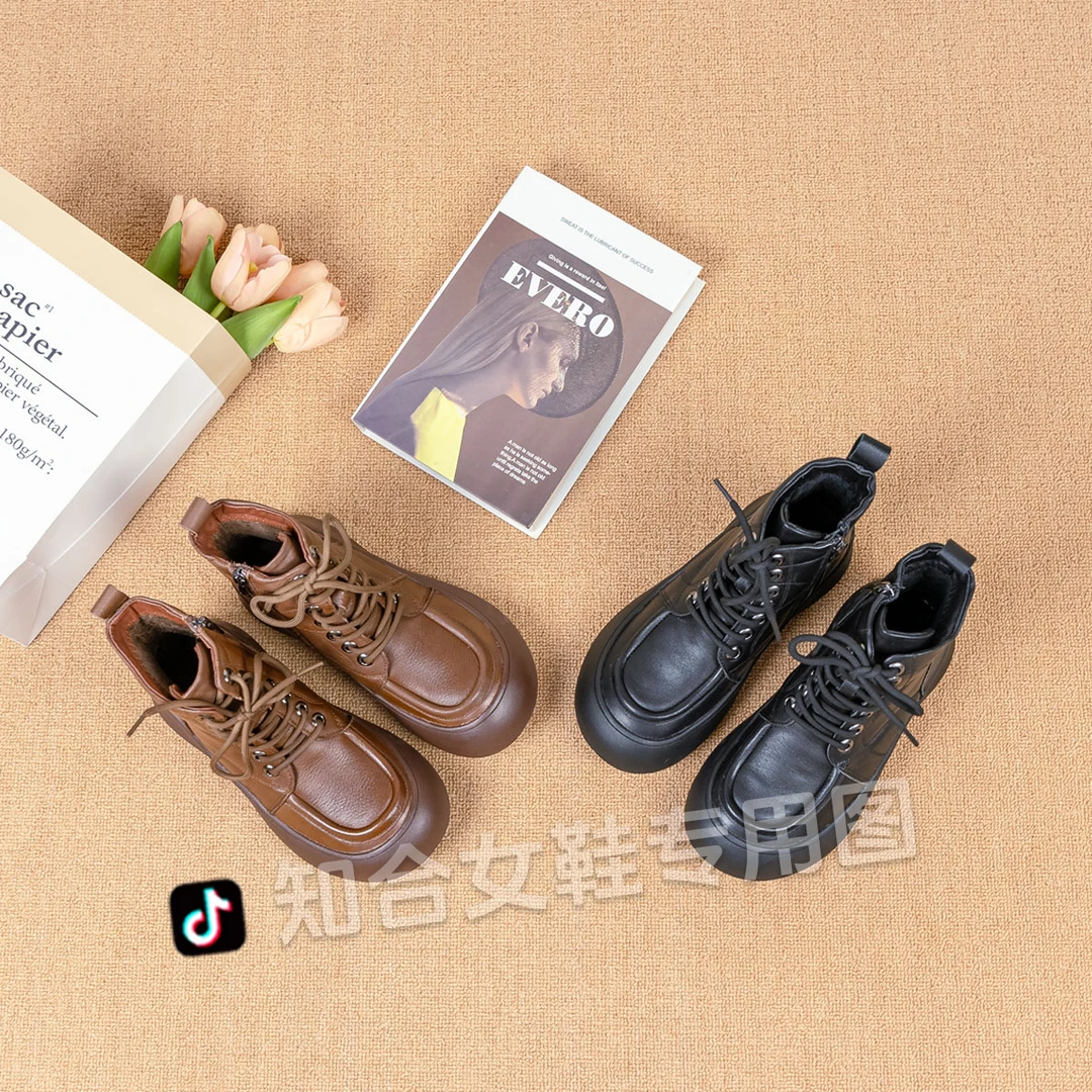 2024新款头层牛皮复古时尚英伦风女靴高帮秋冬圆头百搭马丁靴 809