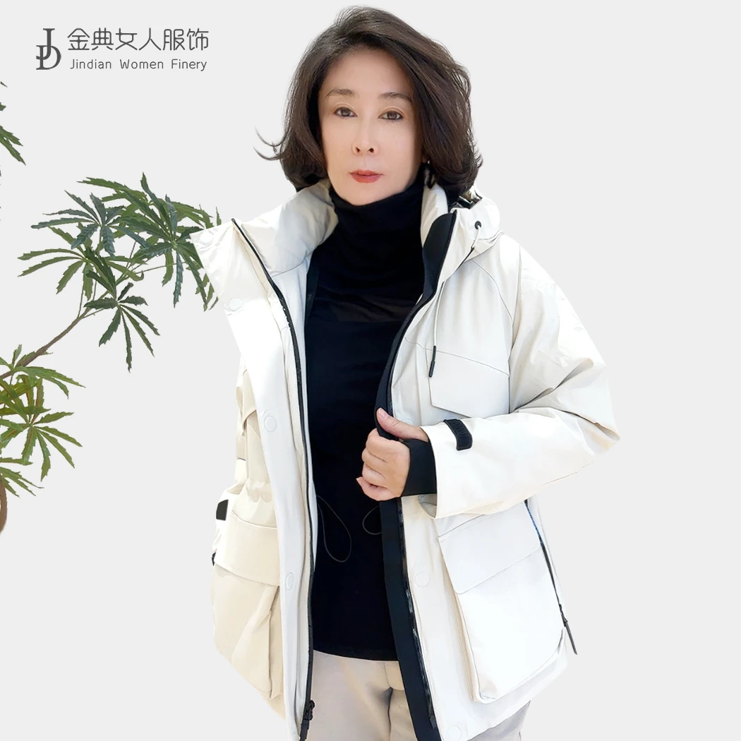 黑金鹅绒冲锋衣羽绒服女   冬季收腰款中长款户外保暖派克服5826