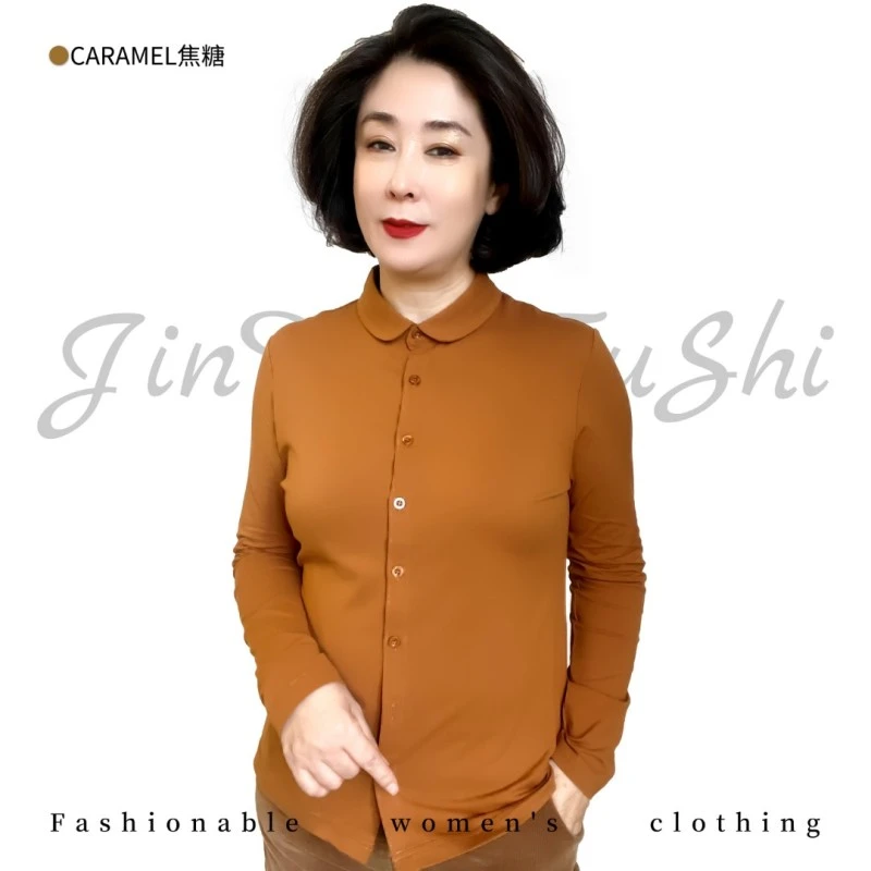 小圆领长袖单排扣内搭衬衫   妈妈装时尚打底纯色休闲百搭秋冬182