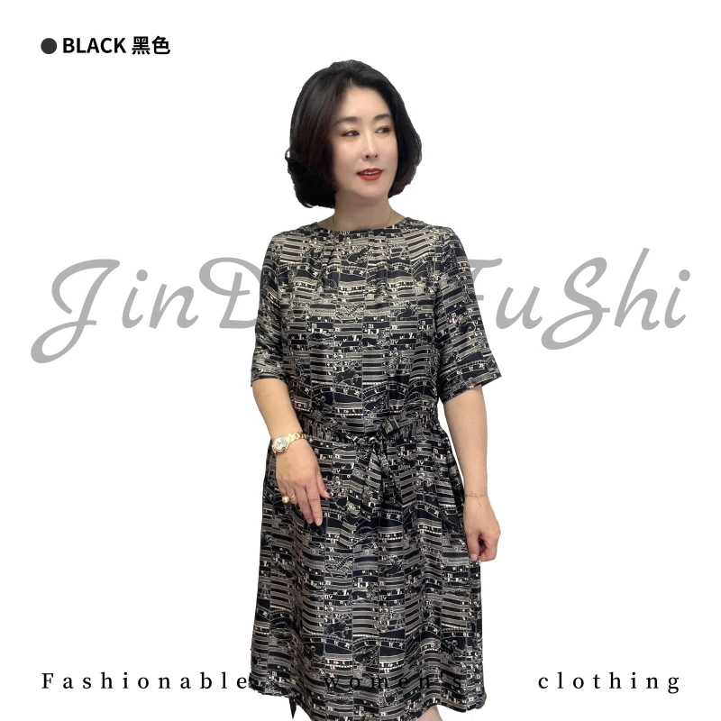 斜纹绸复古印花真丝短袖连衣裙  时尚百搭休闲桑蚕丝遮肉女士裙子