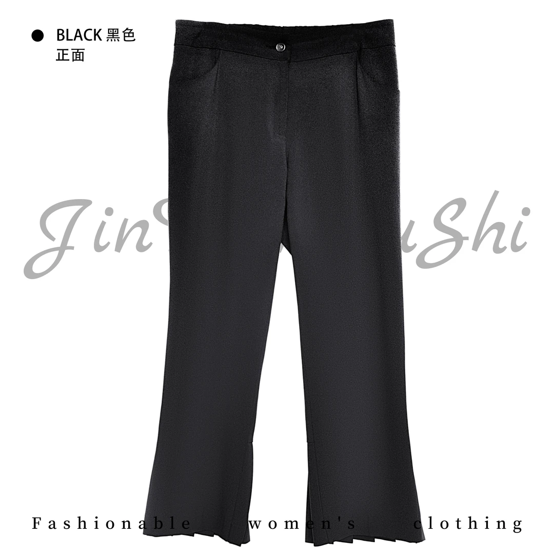 半松紧腰垂感压褶微喇裤女   舒适黑色显瘦大码百搭九分休闲裤756