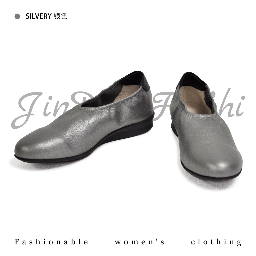 圆头复古珠光牛皮一脚蹬单鞋        中年妈妈轻便简约浅口奶奶鞋