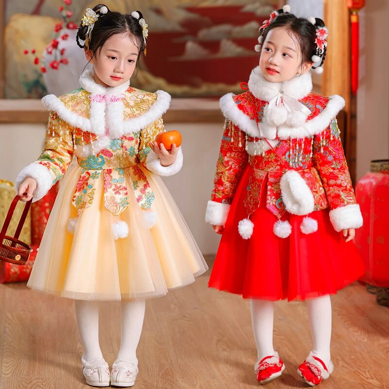 女童冬季加绒拜年服复古中国风唐装汉服女宝宝气质超仙表演连衣裙