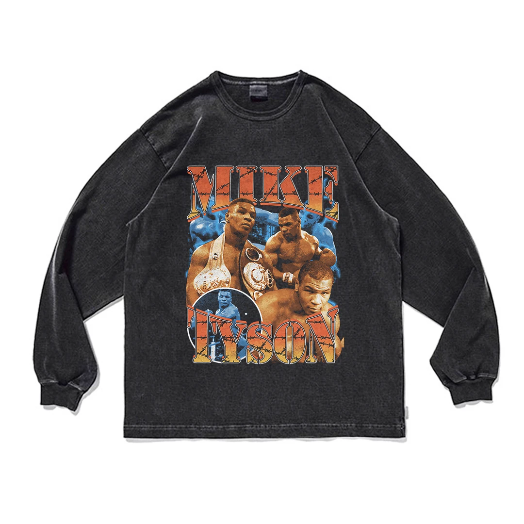 水洗做旧 BC迈克泰森MIKE Tyson拳击复古印花t桖纯棉男女宽松长袖