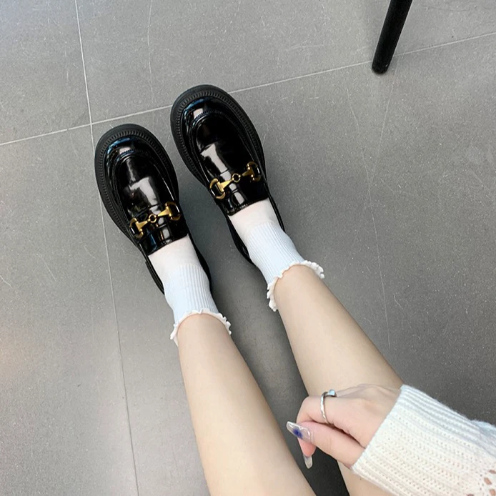 8830新款乐福鞋马衔扣圆头粗跟厚底小皮鞋女春秋时尚百搭英伦风