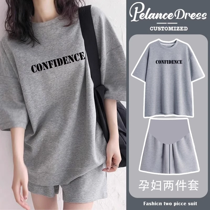 孕妇短裤套装夏季薄款2024休闲韩版灰色减龄短袖运动两件套慵懒风