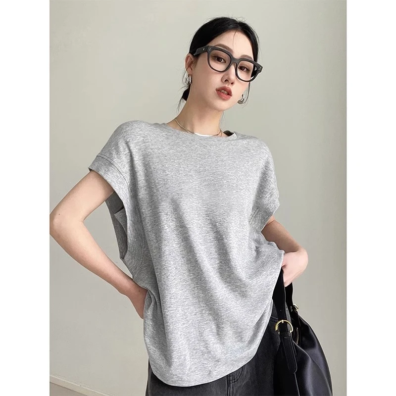 孕妇夏装无袖t恤夏季宽松薄款浅灰不显怀设计感上衣休闲减龄圆领