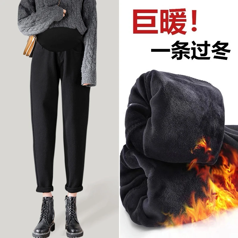 孕妇裤子秋冬外穿打底老爹裤大码宽松休闲加绒牛仔裤哈伦裤春秋款