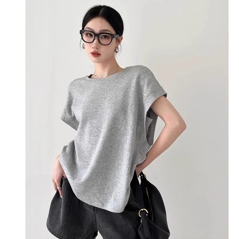 孕妇夏装无袖t恤夏季宽松薄款浅灰不显怀设计感上衣休闲减龄圆领