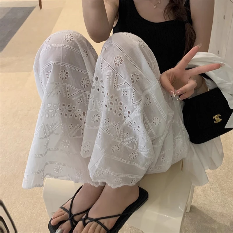 孕妇夏季韩版蕾丝刺绣慵懒风显瘦阔腿裤女春夏ins风高腰休闲长裤