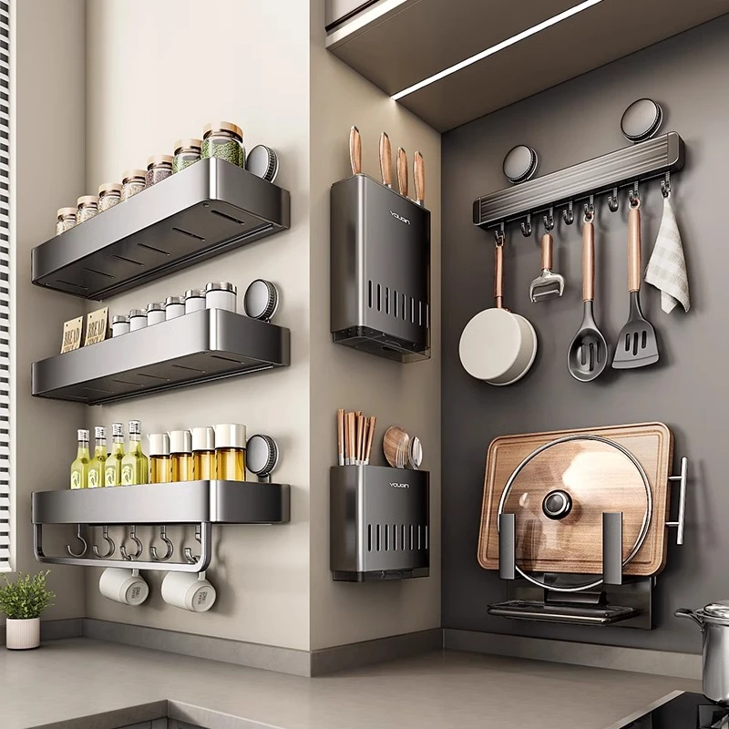 吸盘厨房置物架免打孔壁挂锅盖刀架调料用品家用大全多功能收纳架