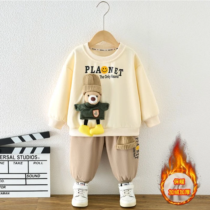 儿童加绒保暖套装女童洋气卡通卫衣2023新款休闲运动男童两件套潮